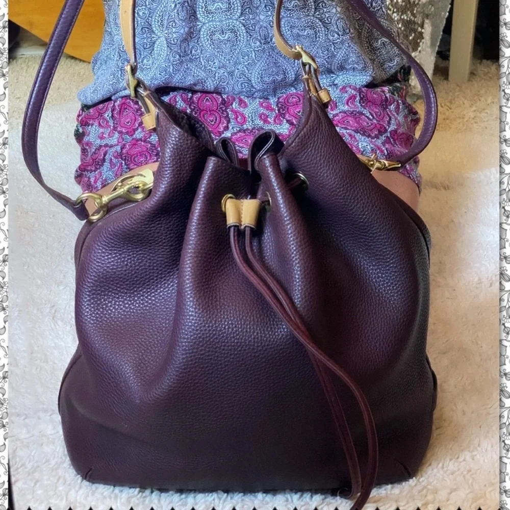 COACH EGGPLANT DRAWSTRING PEBBLED LEATHER BUCKET HOBO BAG